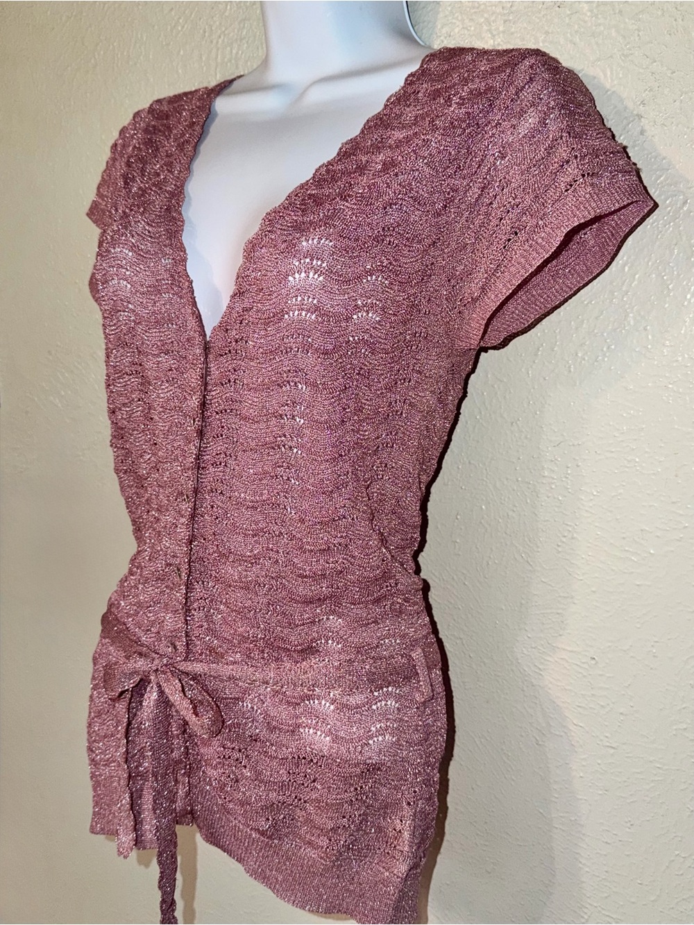 Charlotte Tarantola Pink Metallic Glitter Threaded Crystal Button Knit Cardigan